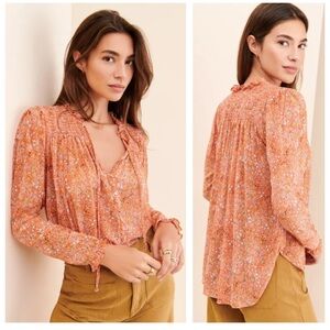 NWOT Free People Lela Floral Blouse Smoked Blouse in Orange and Pink